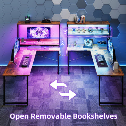 Casacomoda 43 Inch L Shaped Desk with LED Light & Power Outlet, Reversible L Shaped Computer Table with Shelf & Storage Bag & Hook for Home Office, Vintage