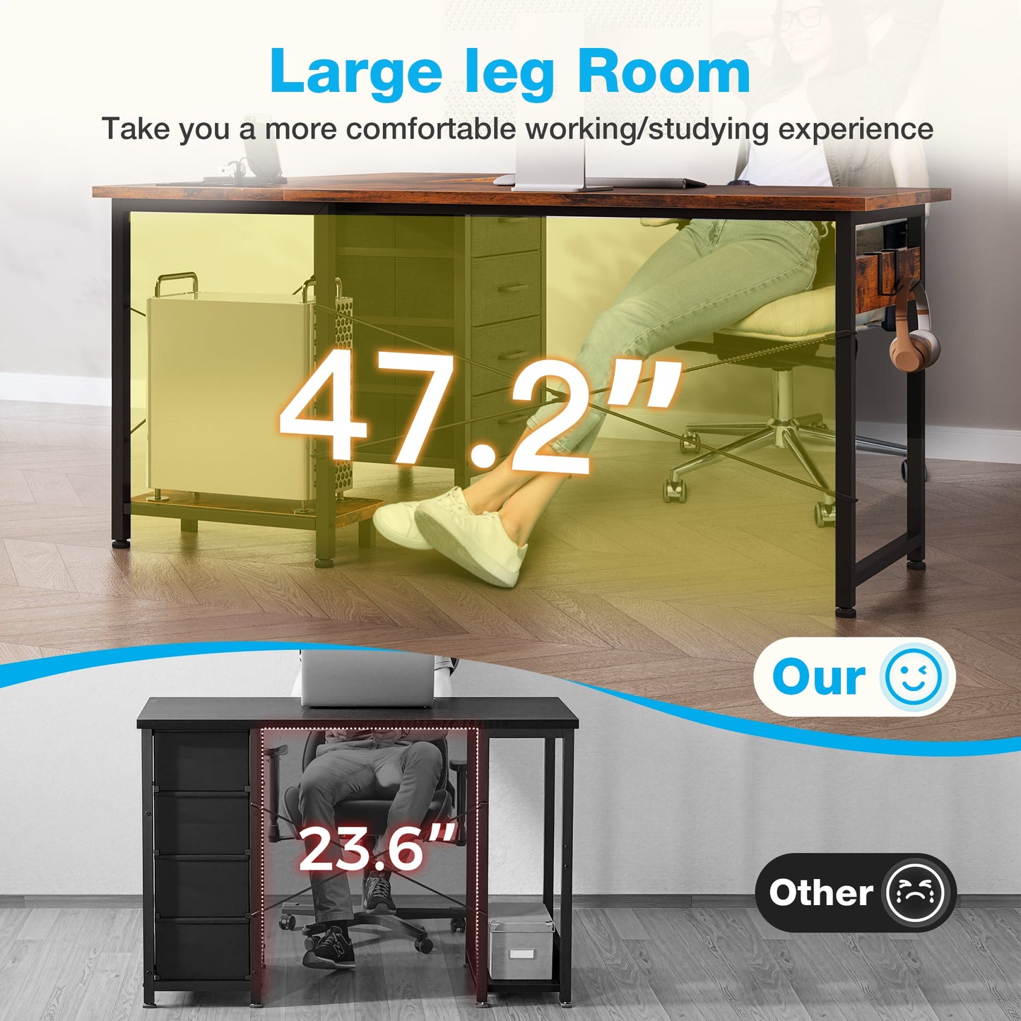 Casacomoda L Shaped Computer Desk with Charging Station, 61 inch PC Table Study Desk 4 Tier Drawers, Modern Simple Style Laptop Desk for Bedroom, Vintage
