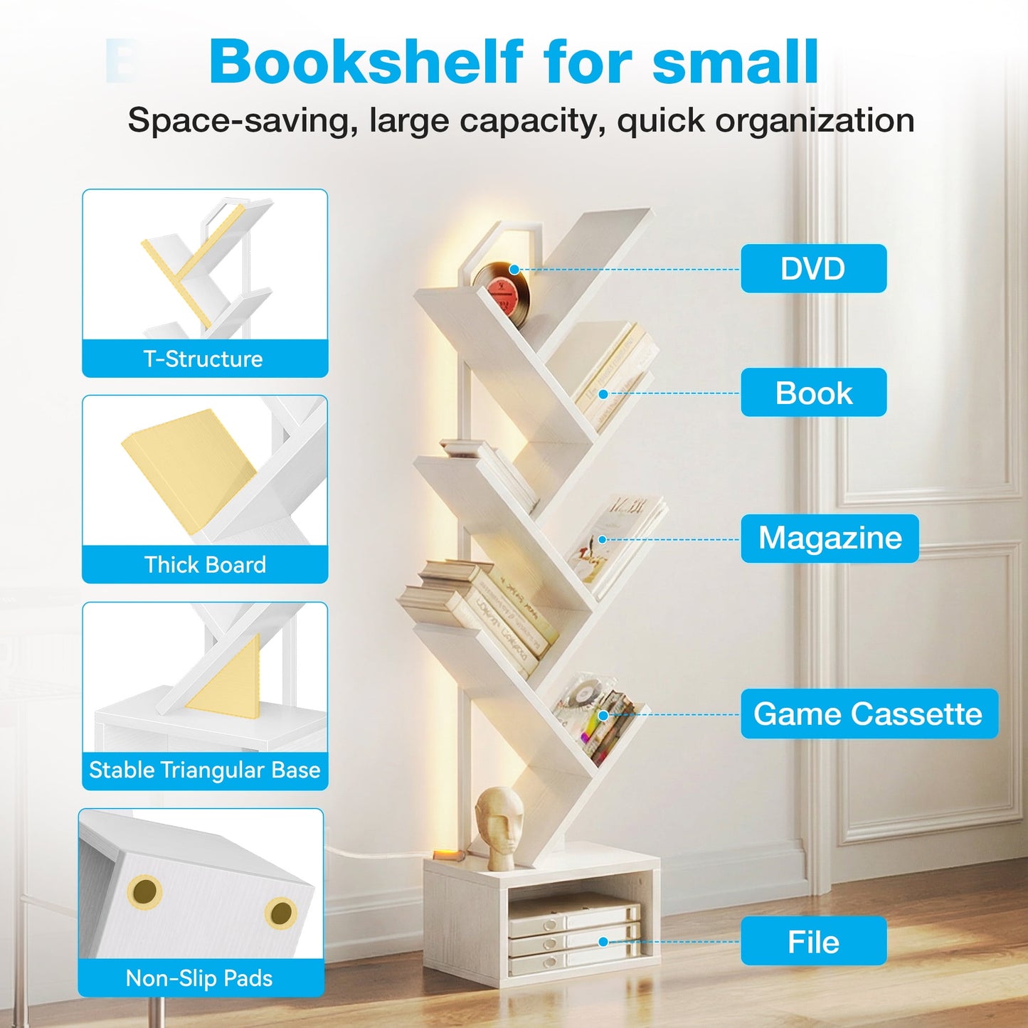 Casacomoda 6 Tier Tree Bookshelf, Bookcase with LED Lights, Display Floor Standing Storage Shelf, Book Organizer Shelves for Home Office, Living Room, White