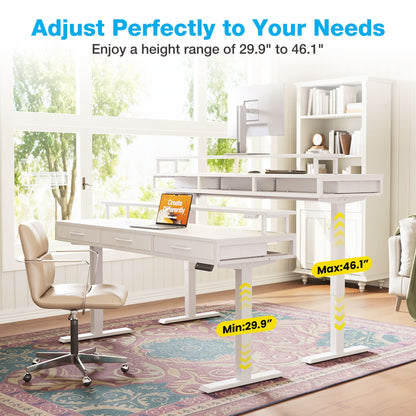 Casacomoda 63” Electric Standing Desk with Power Outlets and LED Lights, Adjustable Height Sit Stand Desk with Monitor Shelf & 3 Fabric Drawers for Home Office, White