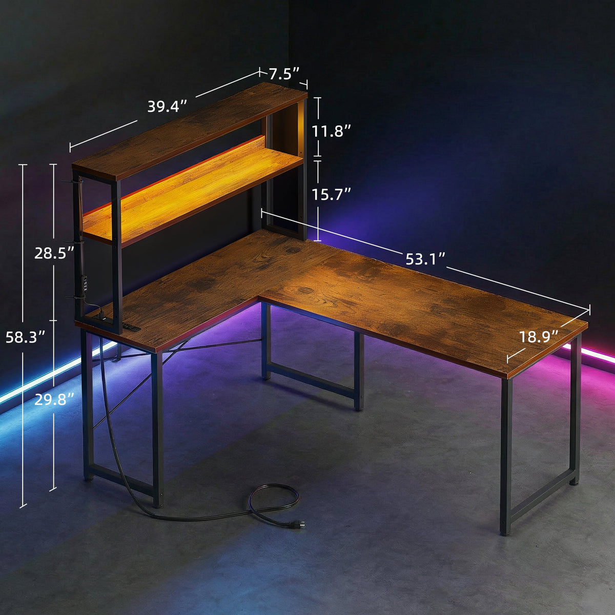 Casacomoda L Shaped Gaming desk, 53 Inch Computer Desk with Shelves, Reversible Display Shelf Gaming Desk with Led Light & Charging Station, Vintage