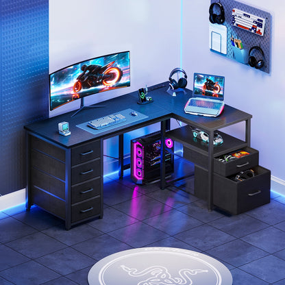 Casacomoda 55 inch Computer Desk with 5 Drawers and File Cabinet for Storage, Office Desk with Storage Shelf & Power Outlets, Home Office Desks, Black