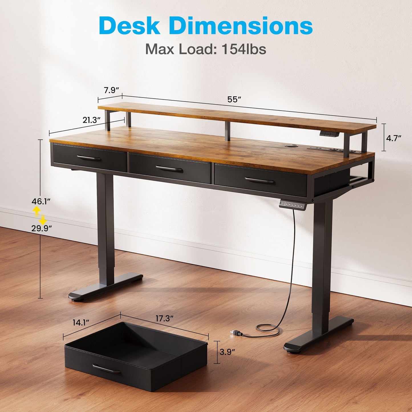 Casacomoda 55 inch Electric Standing Desk with Power Outlets and LED Lights, Adjustable Height Sit Stand Desk with Monitor Shelf & 3 Fabric Drawers for Home Office, Vintage
