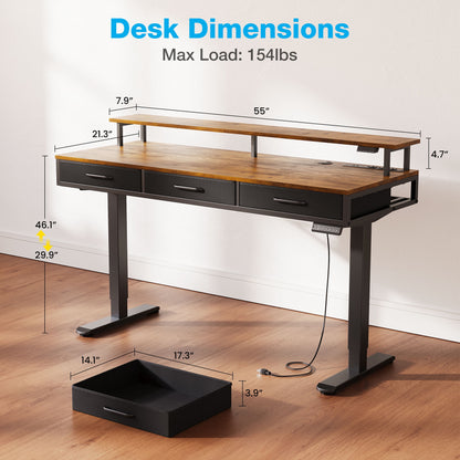 Casacomoda 55 inch Electric Standing Desk with Power Outlets and LED Lights, Adjustable Height Sit Stand Desk with Monitor Shelf & 3 Fabric Drawers for Home Office, Vintage