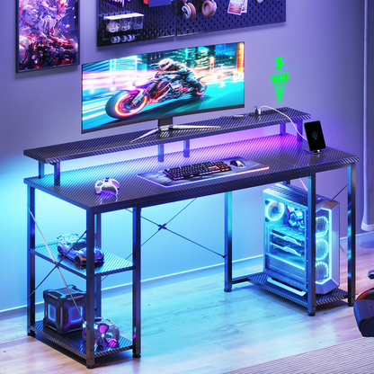 Casacomoda 48 inch Gaming Desk with LED Lights & Power Outlets, Computer Desk with Monitor Stand & Storage Sheves, CPU Stand, Home Office Desk, Black