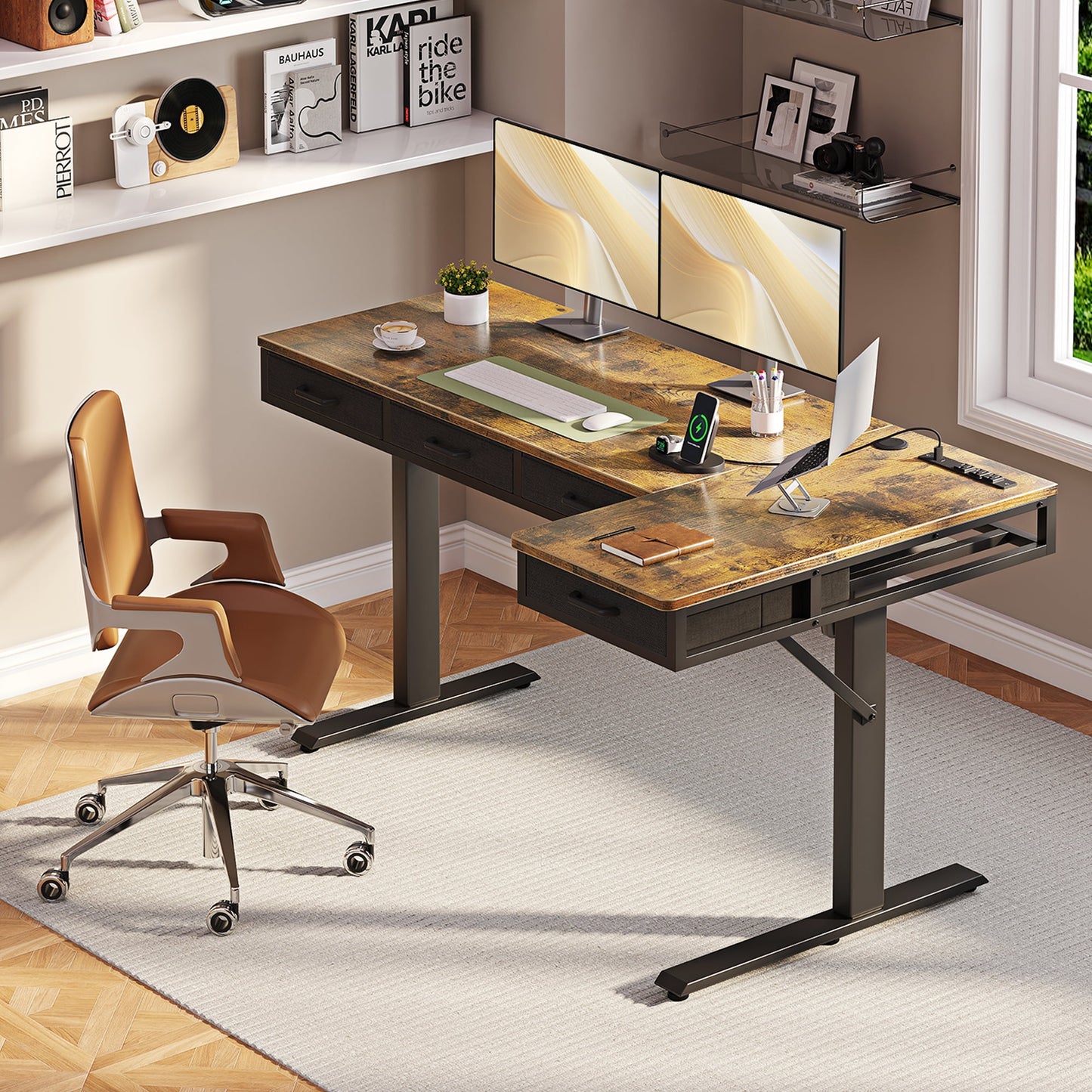 Electric Standing Desk with Drawers, 63 Inch Height Adjustable Desk with Power Outlets, Sit Stand Table, Writing Computer Desk for Home, Office, Workstation, Rustic Brown
