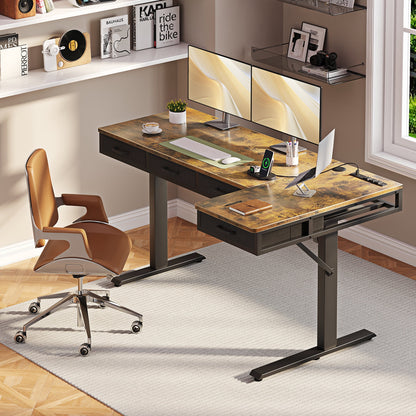 Electric Standing Desk with Drawers, 63 Inch Height Adjustable Desk with Power Outlets, Sit Stand Table, Writing Computer Desk for Home, Office, Workstation, Rustic Brown