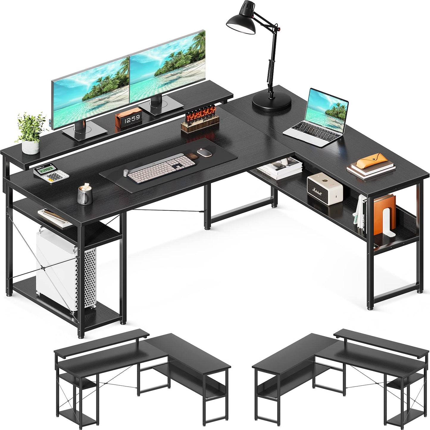 L Shaped Corner Computer Desk, 61" Reversible Desk with Storage Shelves