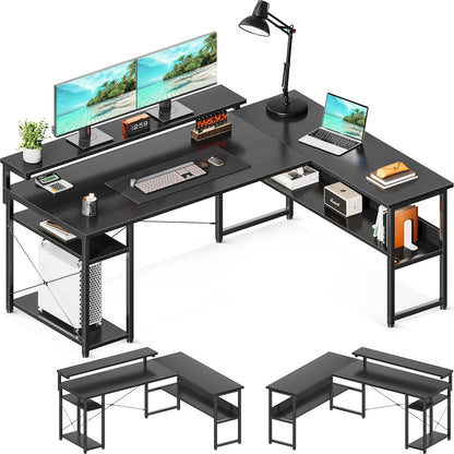 L Shaped Corner Computer Desk, 61" Reversible Desk with Storage Shelves