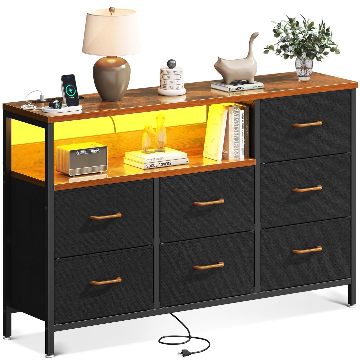 Dresser with LED Lights and Charging Station for Bedoom