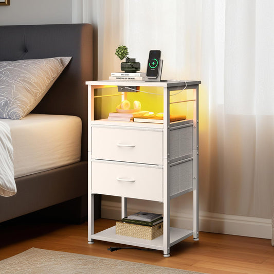 Tall Nightstand with Charging Station and LED Lights