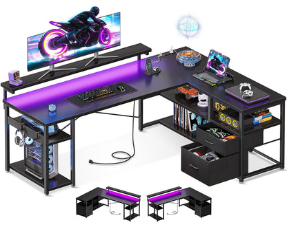 L Shaped Gaming Desk with File Drawers, Reversible Computer Desk