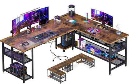 Reversible L Shaped Computer Desk with Power Outlet and USB Charging Ports