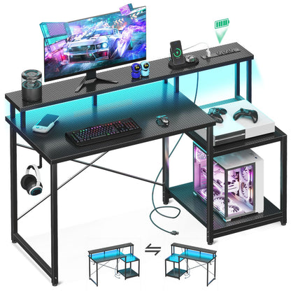 Computer Desk, 48 Inch Gaming Desk with Led Lights & Power Outlet