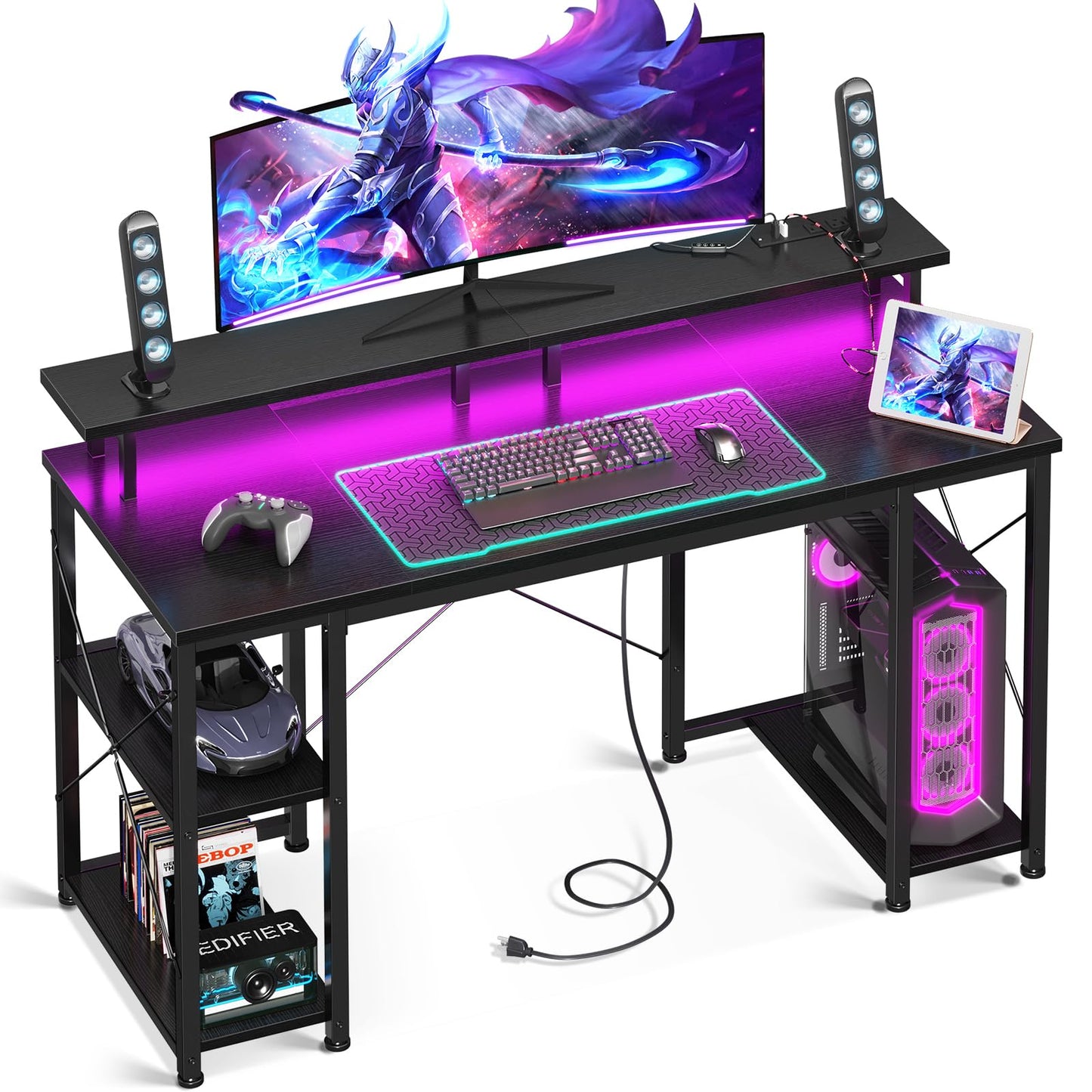 Gaming Desk with LED Lights & Power Outlets