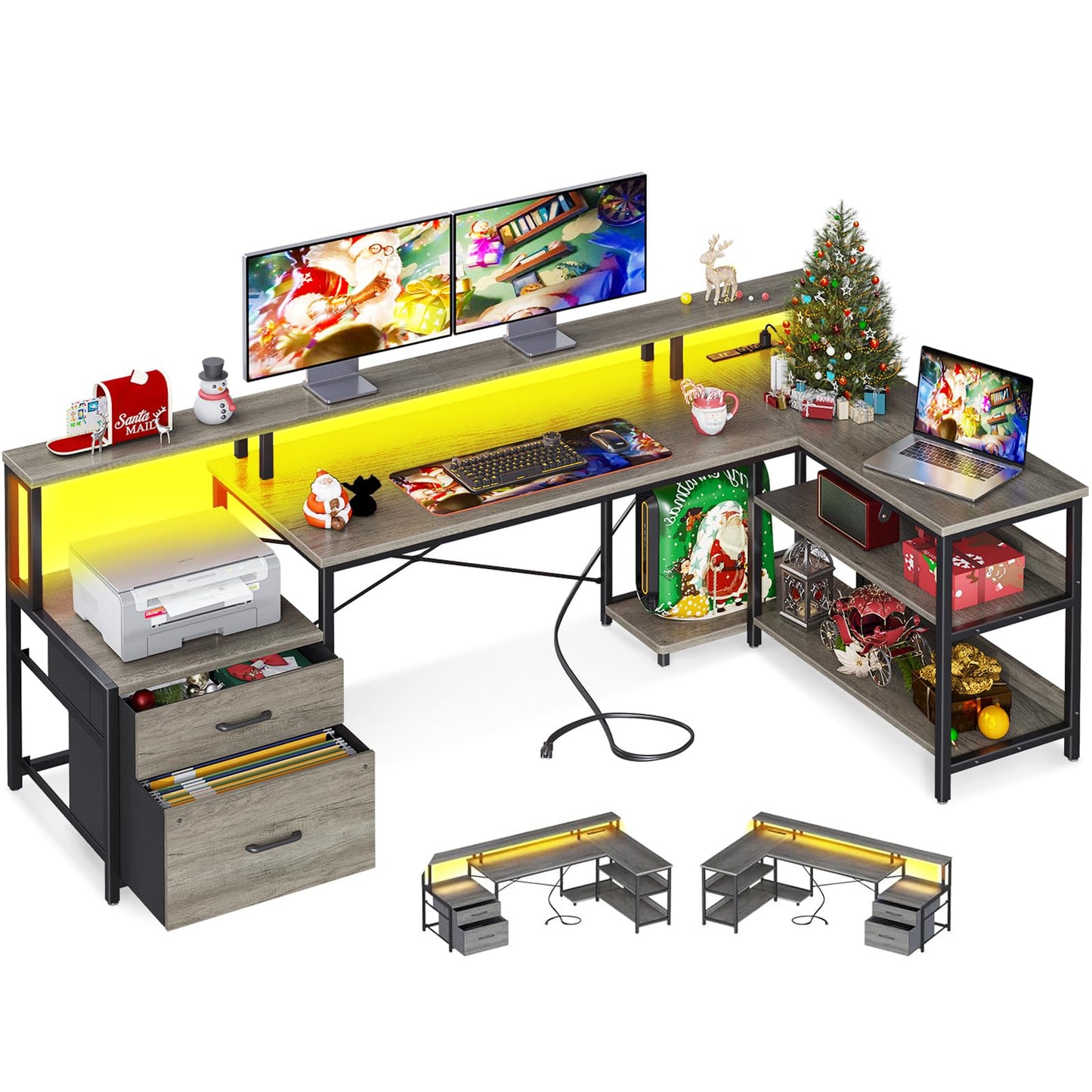 L Shaped Desk with File Drawer Power Outlet & LED Strip