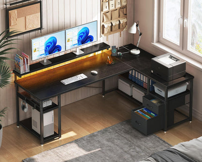 L Shaped Gaming Desk with File Drawers, Reversible Computer Desk