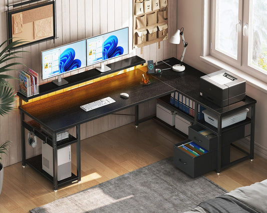 L Shaped Gaming Desk with File Drawers, Reversible Computer Desk