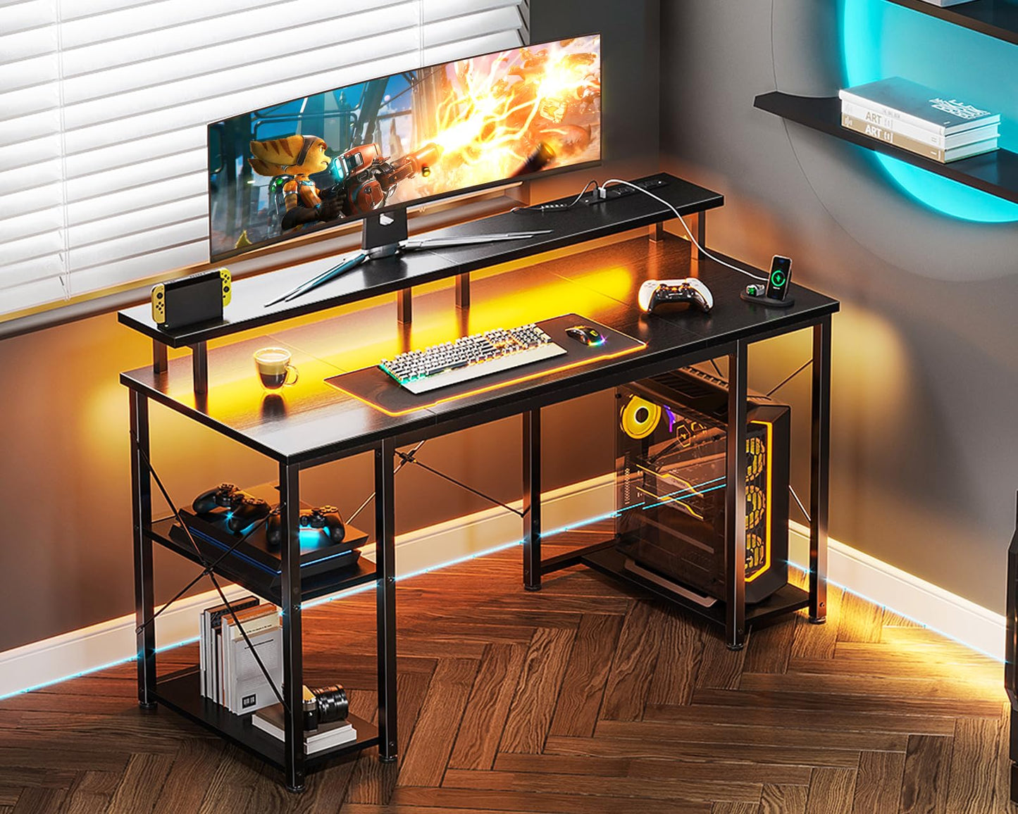 Gaming Desk with LED Lights & Power Outlets