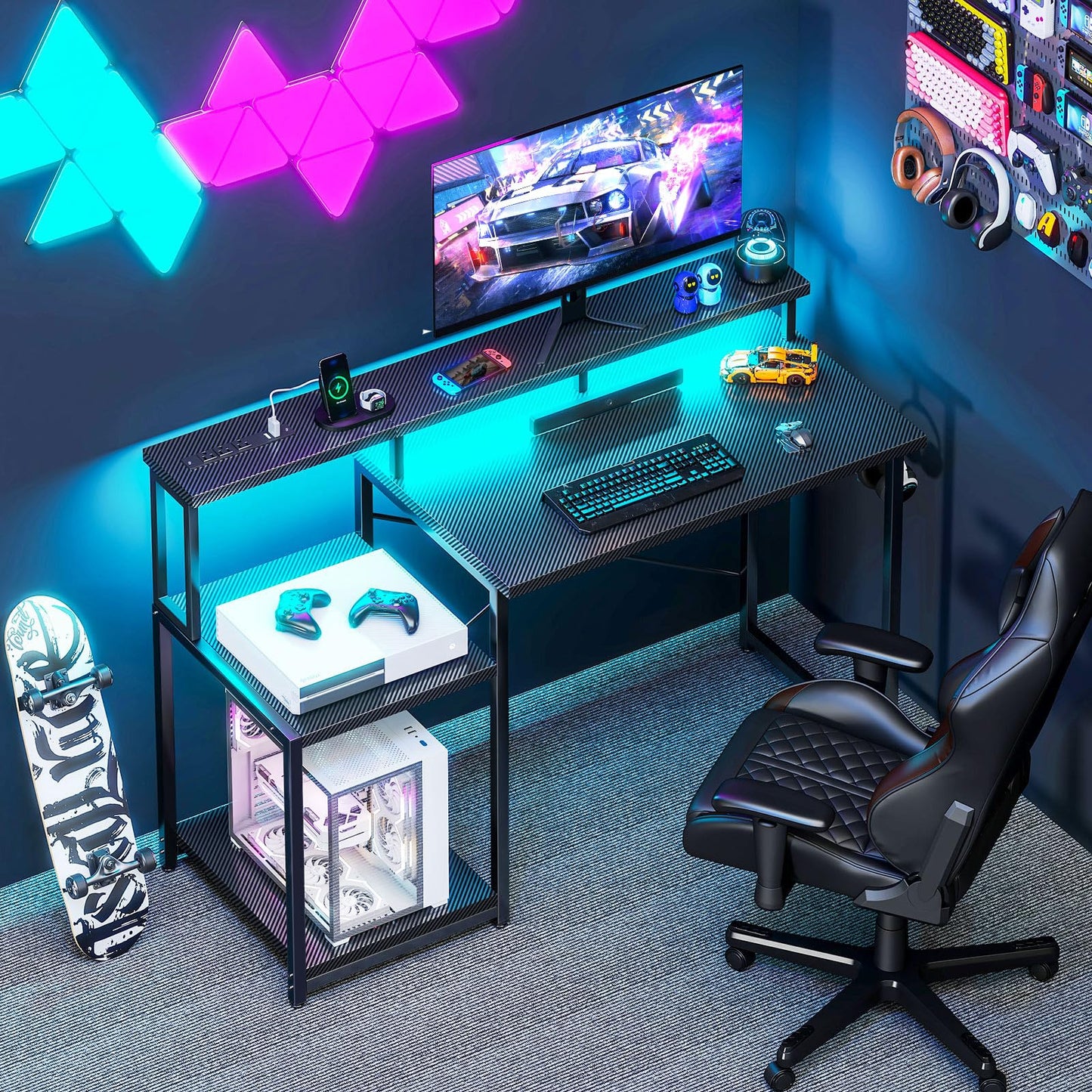 Computer Desk, 48 Inch Gaming Desk with Led Lights & Power Outlet