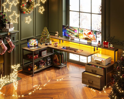 L Shaped Desk with File Drawer Power Outlet & LED Strip