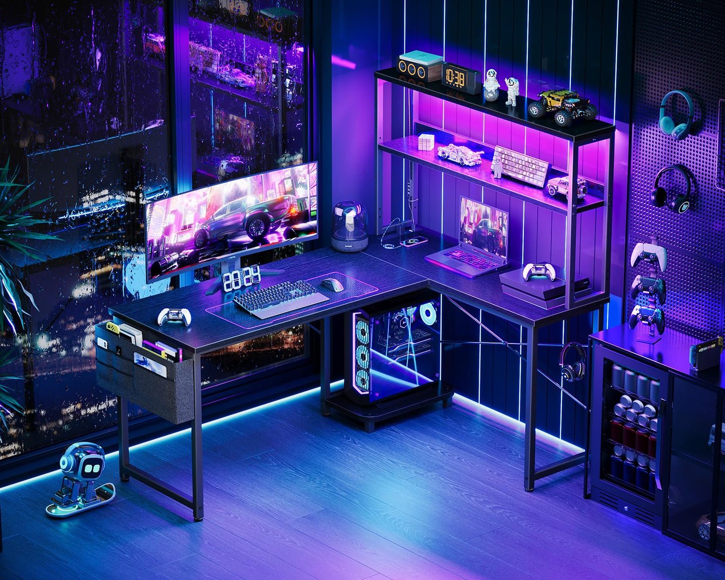 L Shaped Gaming Desk with Shelf & Storage Bag