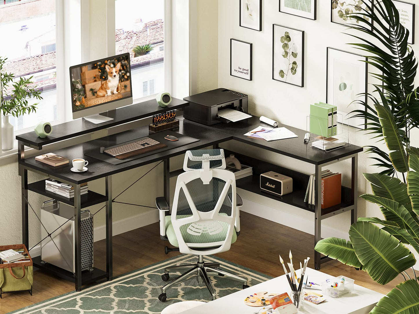 L Shaped Corner Computer Desk, 61" Reversible Desk with Storage Shelves