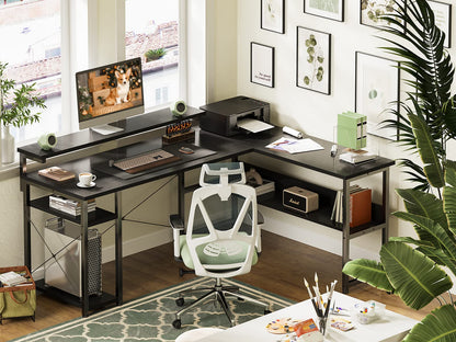 L Shaped Corner Computer Desk, 61" Reversible Desk with Storage Shelves