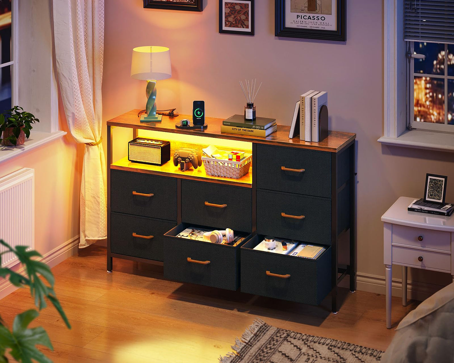 Dresser with LED Lights and Charging Station for Bedoom