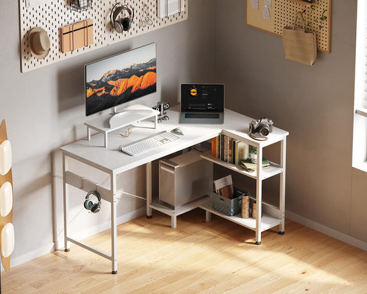 Small L Shaped Computer Desk with Reversible Storage Shelves