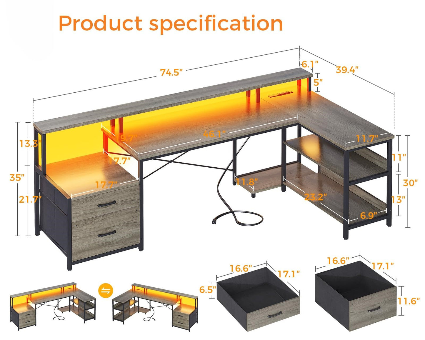 L Shaped Desk with File Drawer Power Outlet & LED Strip