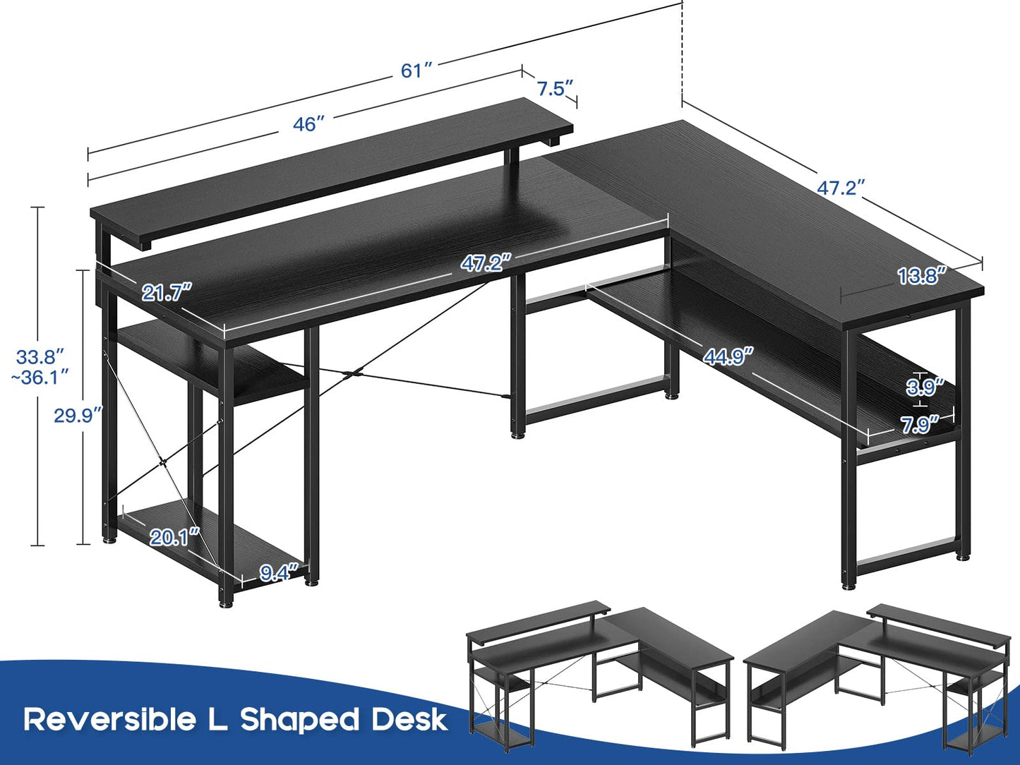 L Shaped Corner Computer Desk, 61" Reversible Desk with Storage Shelves