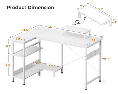 Small L Shaped Computer Desk with Reversible Storage Shelves