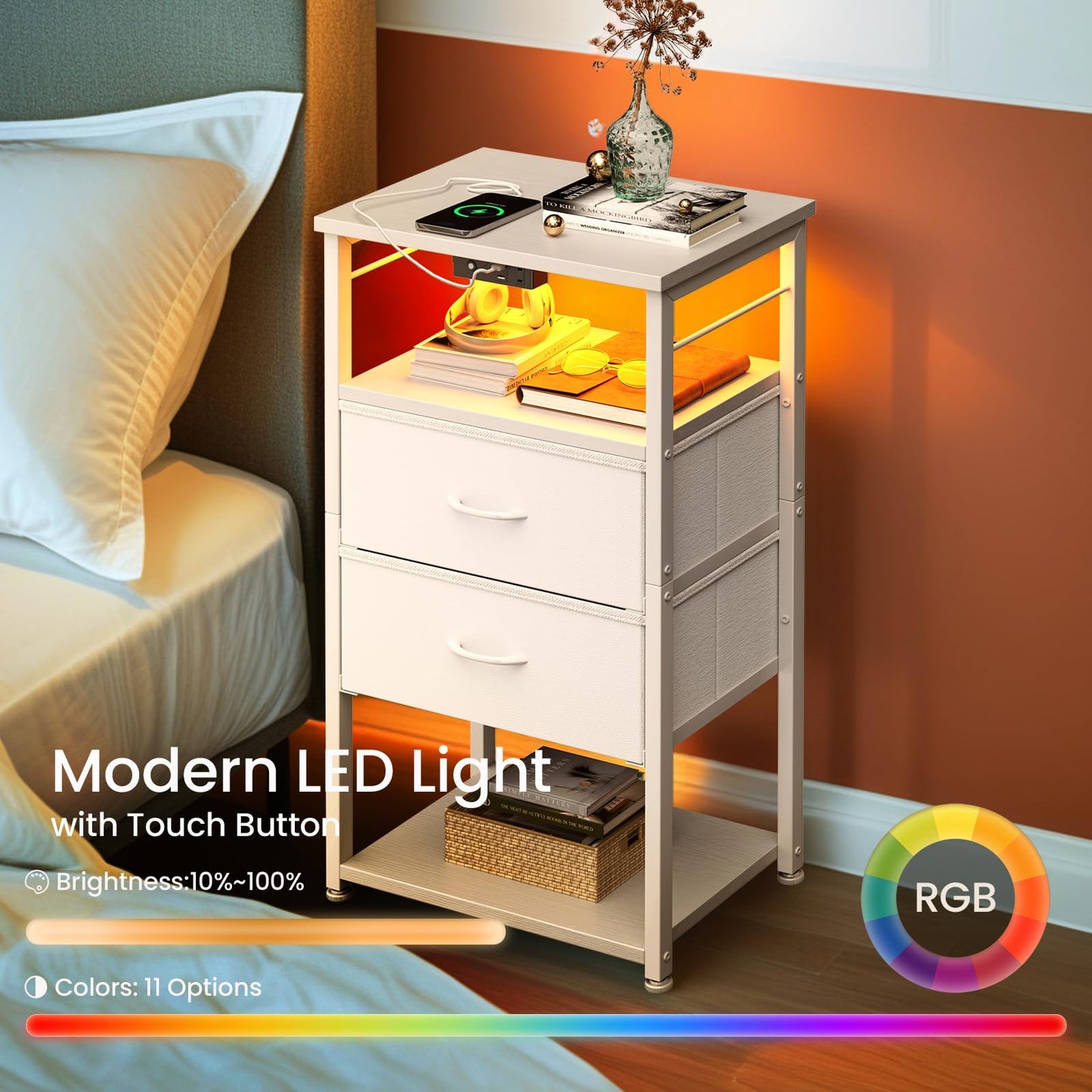 Tall Nightstand with Charging Station and LED Lights