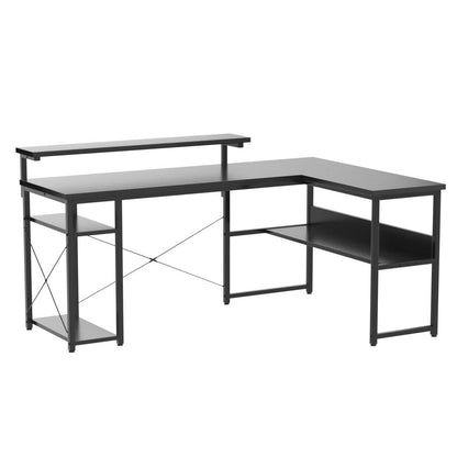 L Shaped Corner Computer Desk, 61" Reversible Desk with Storage Shelves