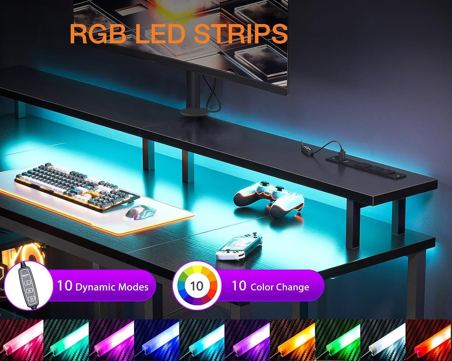 Gaming Desk with LED Lights & Power Outlets
