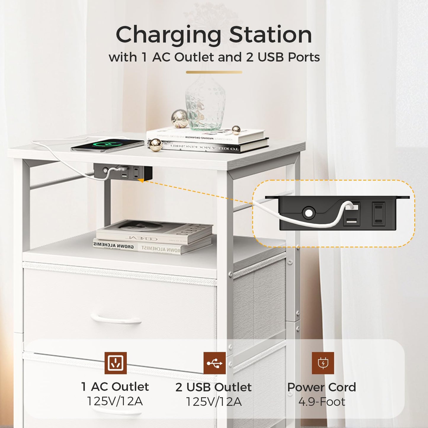 Tall Nightstand with Charging Station and LED Lights