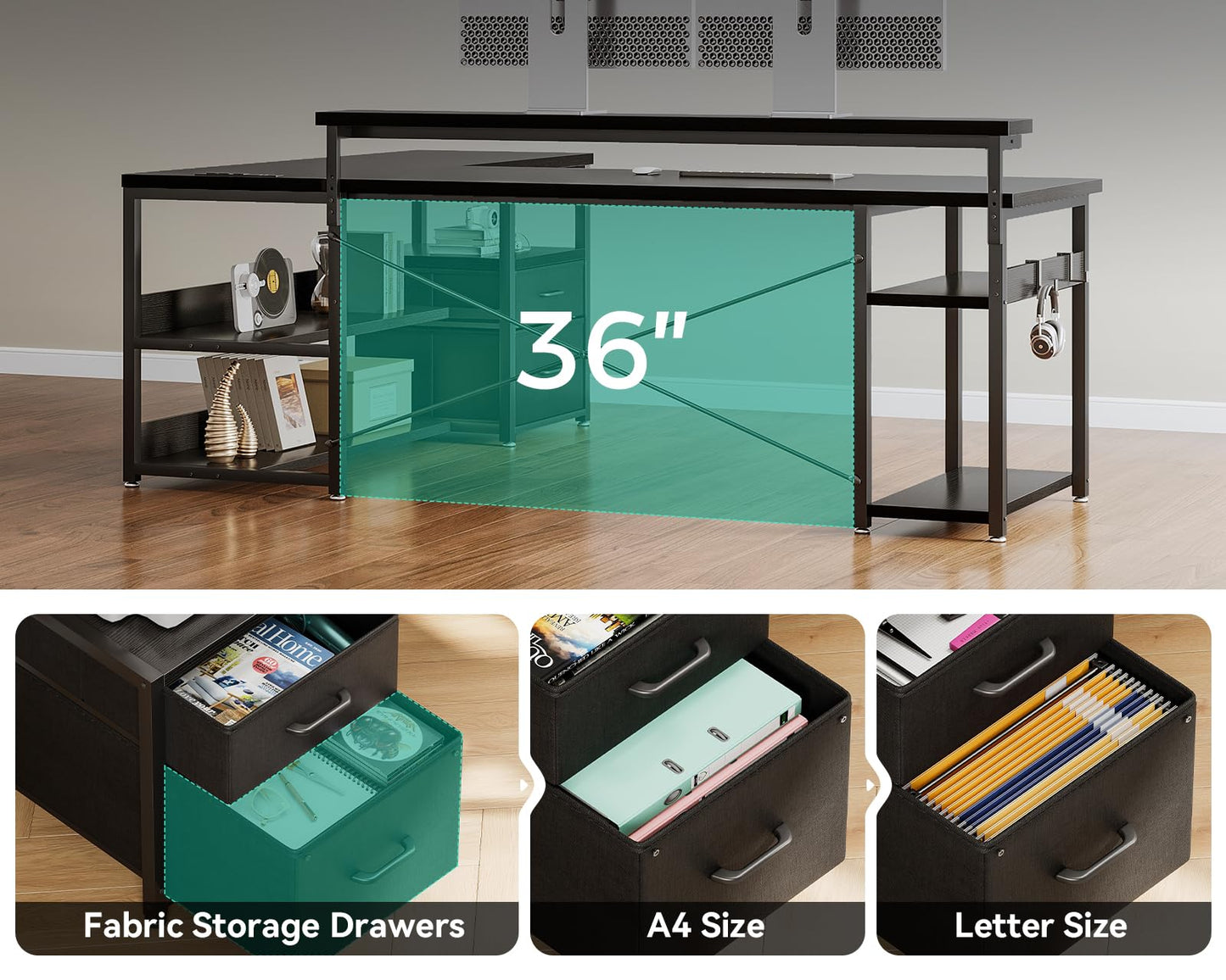 L Shaped Gaming Desk with File Drawers, Reversible Computer Desk