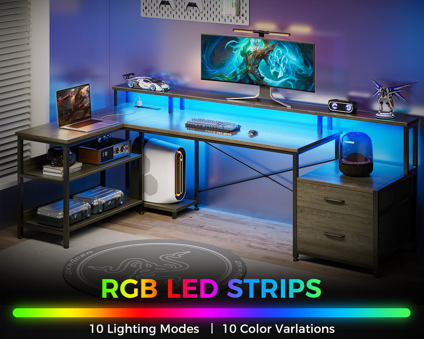 L Shaped Desk with File Drawer Power Outlet & LED Strip