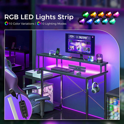 Computer Desk, 48 Inch Gaming Desk with Led Lights & Power Outlet