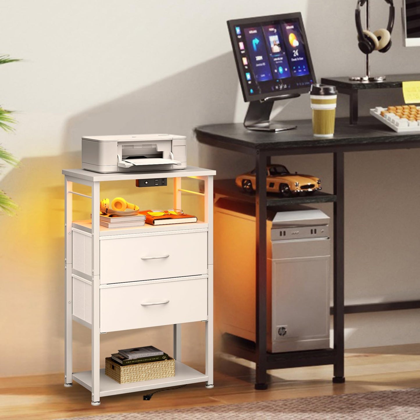Tall Nightstand with Charging Station and LED Lights