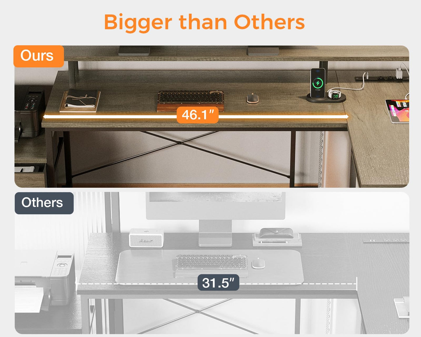 L Shaped Desk with File Drawer Power Outlet & LED Strip