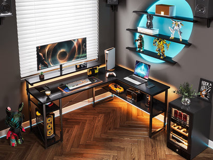 L Shaped Corner Computer Desk, 61" Reversible Desk with Storage Shelves