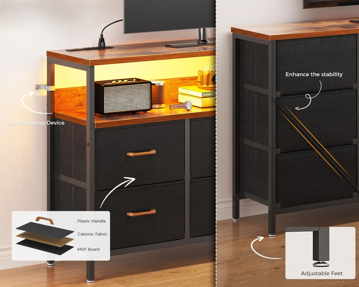 Dresser with LED Lights and Charging Station for Bedoom