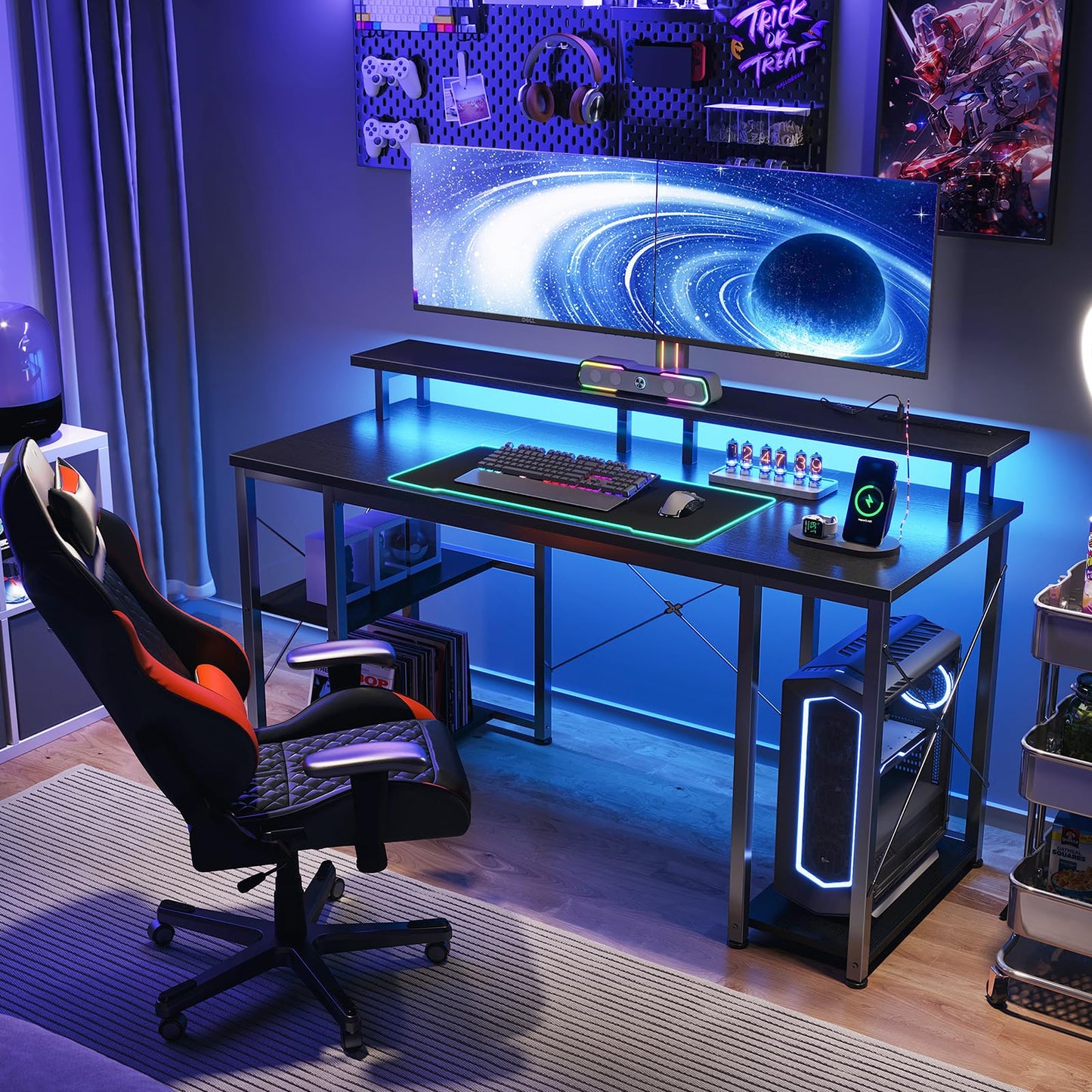 Gaming Desk with LED Lights & Power Outlets
