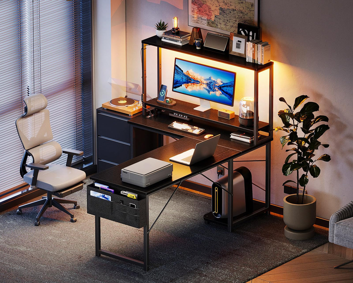 L Shaped Gaming Desk with Shelf & Storage Bag