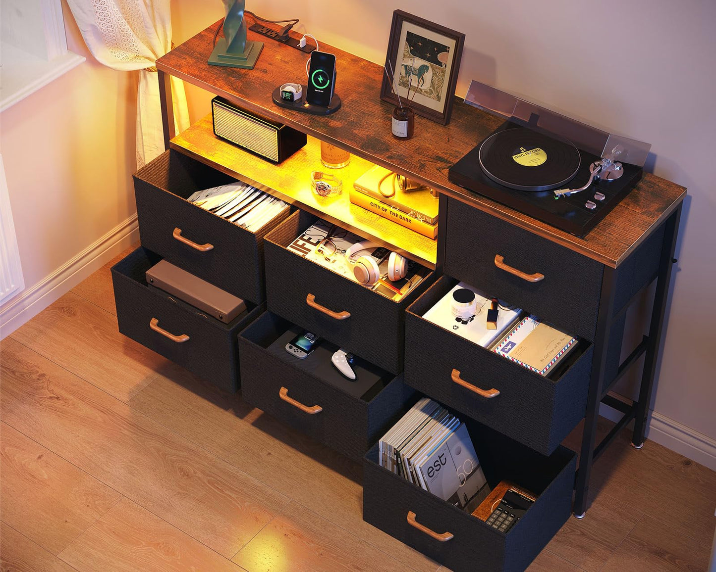 Dresser with LED Lights and Charging Station for Bedoom