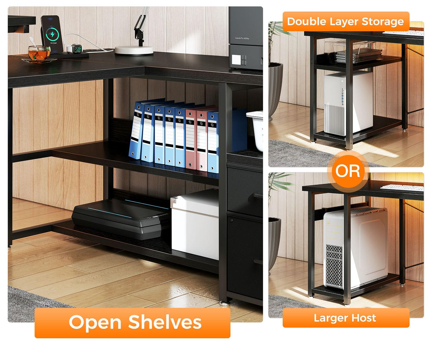 L Shaped Gaming Desk with File Drawers, Reversible Computer Desk
