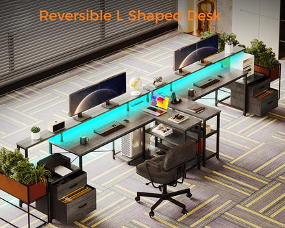 L Shaped Desk with File Drawer Power Outlet & LED Strip