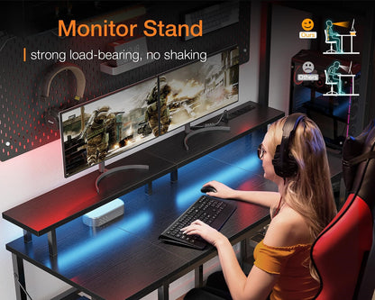 Gaming Desk with LED Lights & Power Outlets